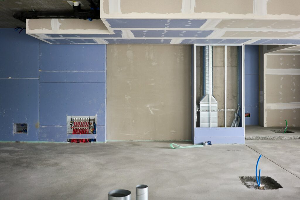 Commercial interior with new drywall walls and soffit